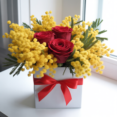 RADIANTE OMAGGIO – Rose Rosse e Mimosa in Flower Box Elegante