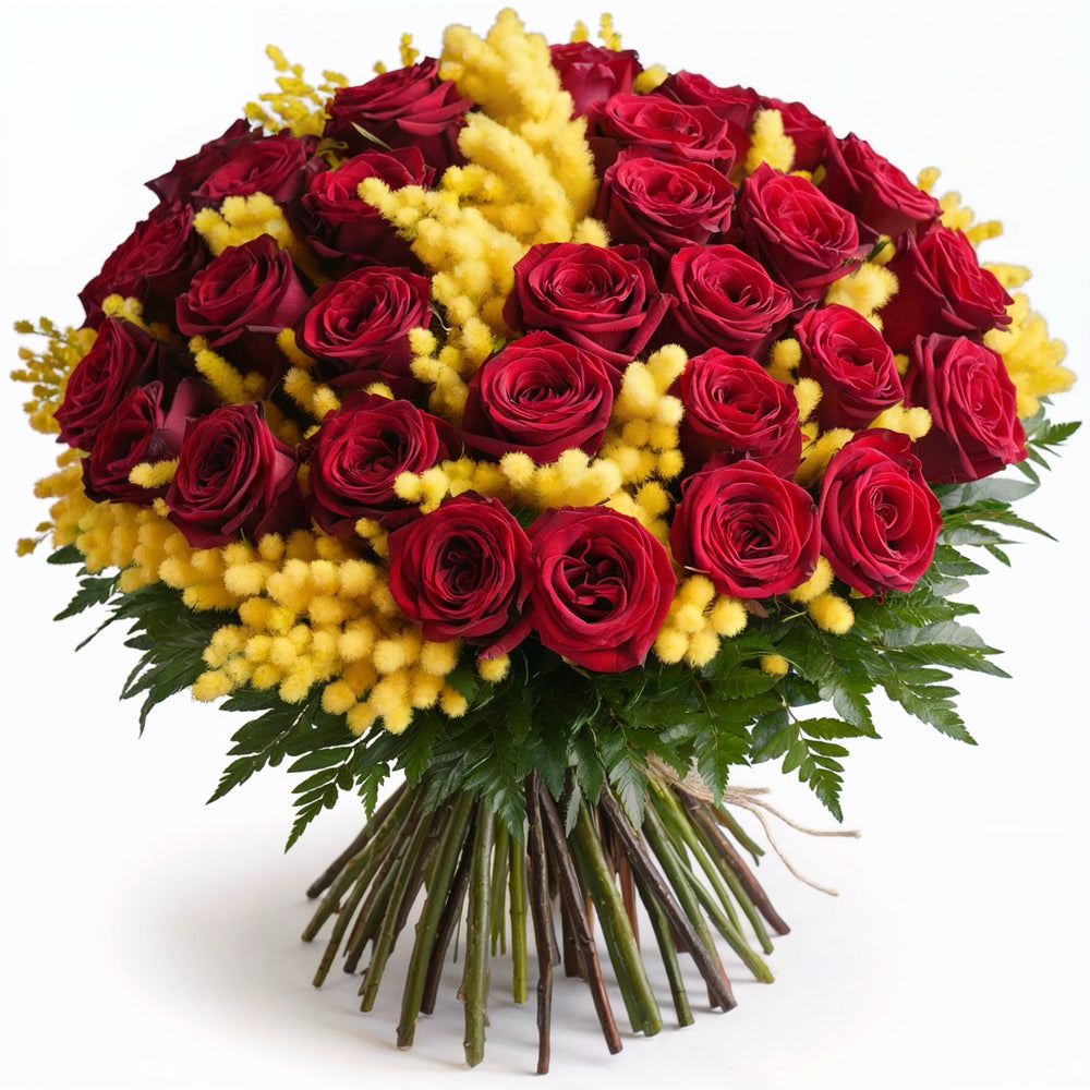 THE MOST IMPORTANT WOMAN - Red Roses with Mimosa (3 to 50 Roses)