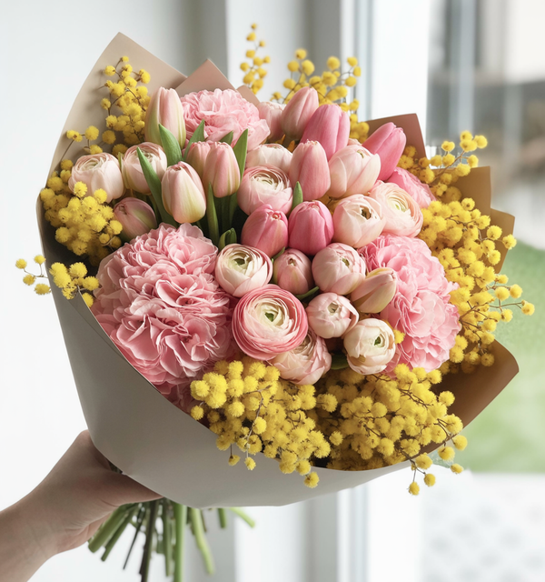 PINK DAWN - Spring-Tone Rose and Mimosa Bouquet