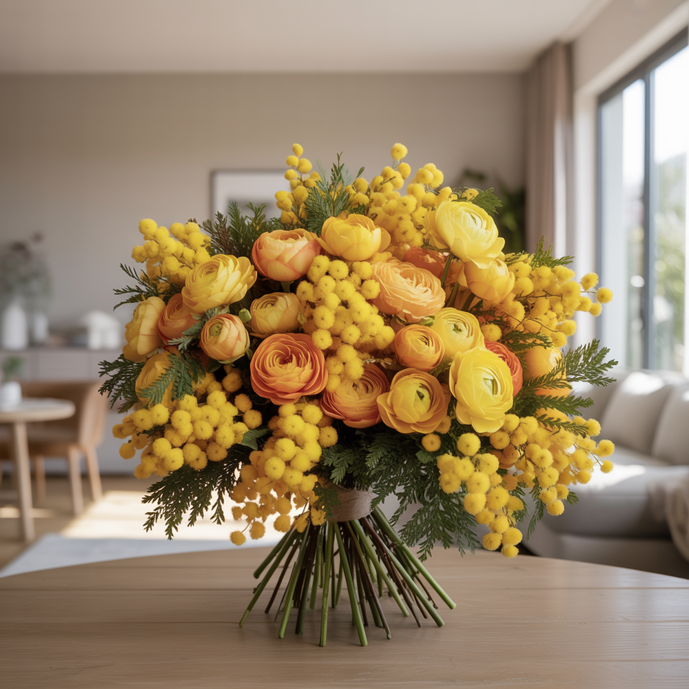 SUN RAYS – Mimosa and Mixed Yellow and Orange Flower Bouquet