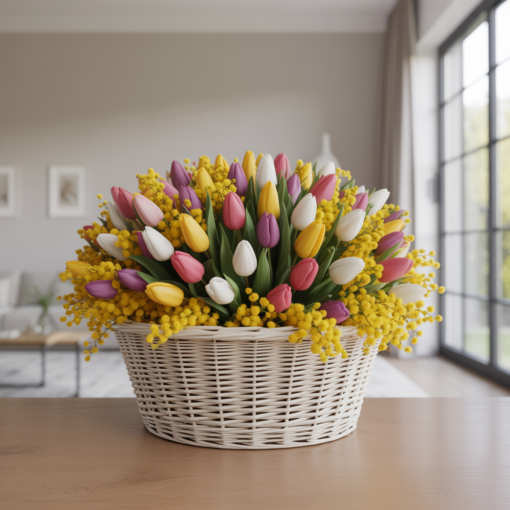FLORAL JOY – Basket of Tulips and Fresh Mimosa