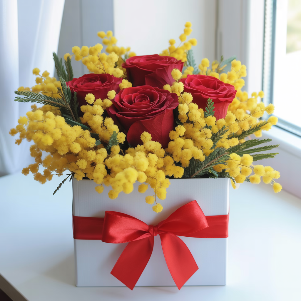 RADIANTE OMAGGIO – Rose Rosse e Mimosa in Flower Box Elegante
