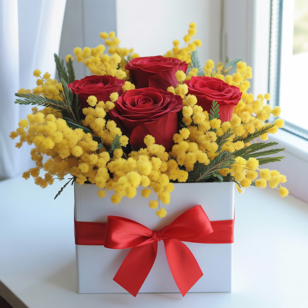 RADIANT TRIBUTE – Red Roses and Mimosa in an Elegant Flower Box