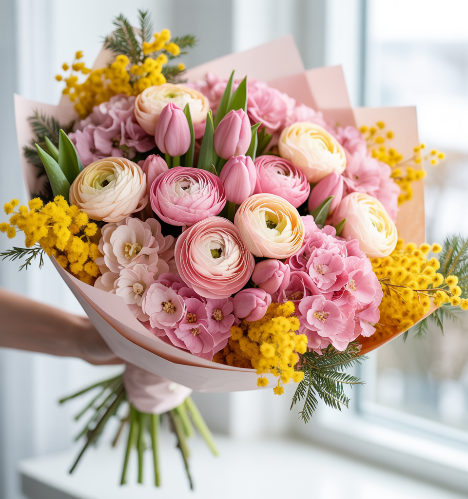ALBA ROSATA – Bouquet Rosa e Mimosa in Tono Primavera