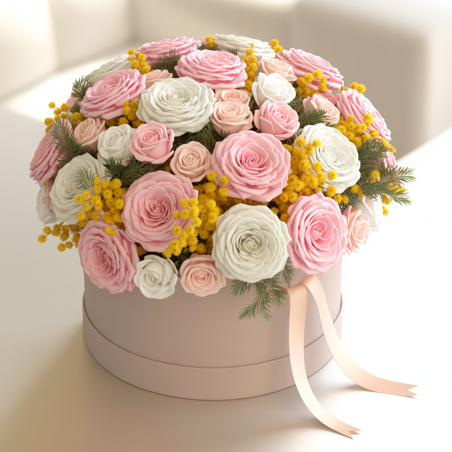 FIORITURA DIVINA – Flower Box Rosa, Bianco e Mimosa