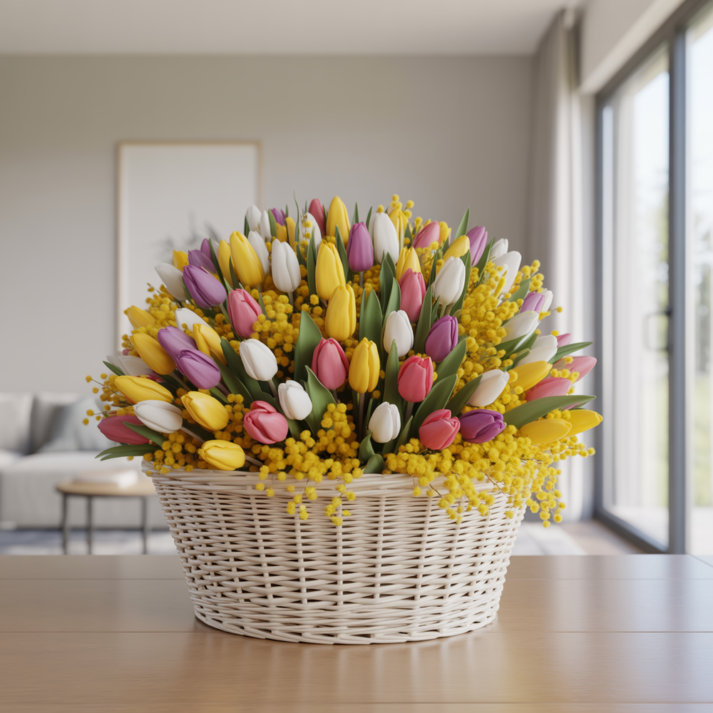 FLORAL JOY – Basket of Tulips and Fresh Mimosa