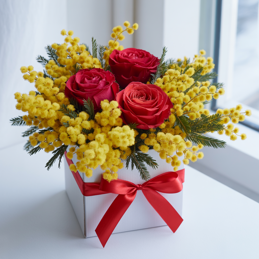 RADIANTE OMAGGIO – Rose Rosse e Mimosa in Flower Box Elegante
