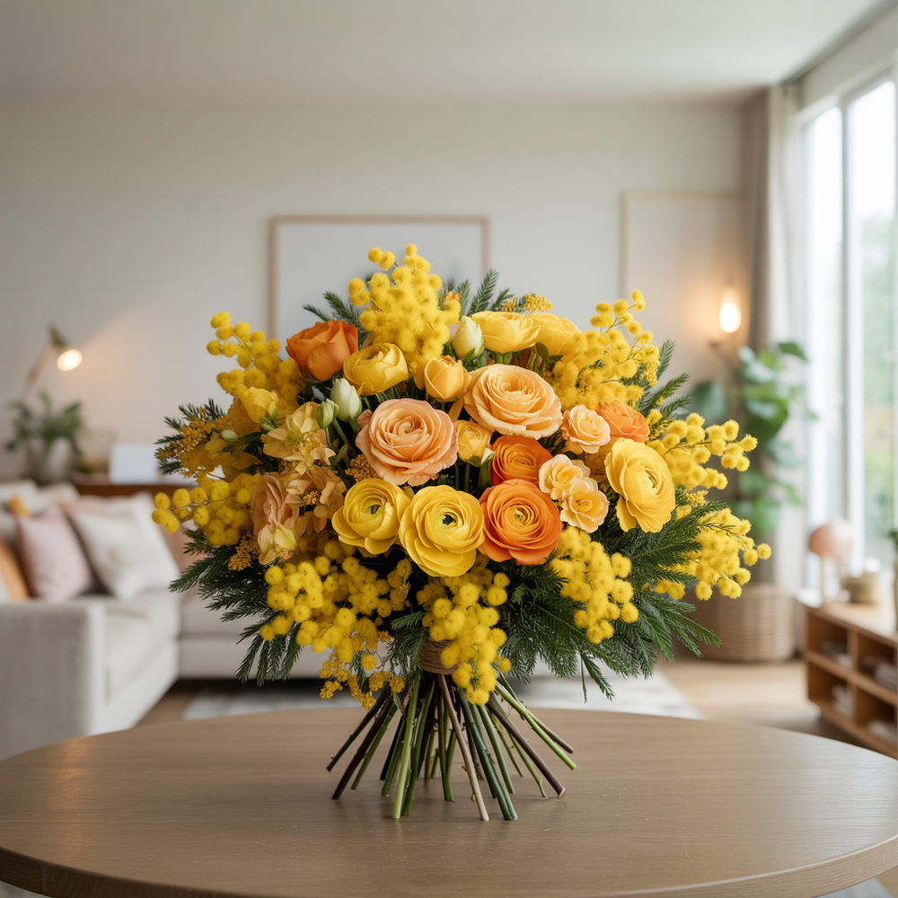 SUN RAYS – Mimosa and Mixed Yellow and Orange Flower Bouquet