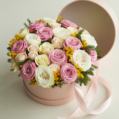 FIORITURA DIVINA – Flower Box Rosa, Bianco e Mimosa