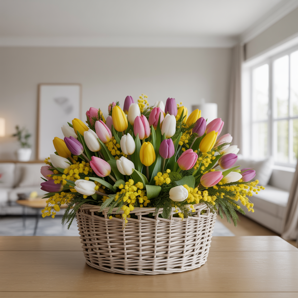 FLORAL JOY – Basket of Tulips and Fresh Mimosa