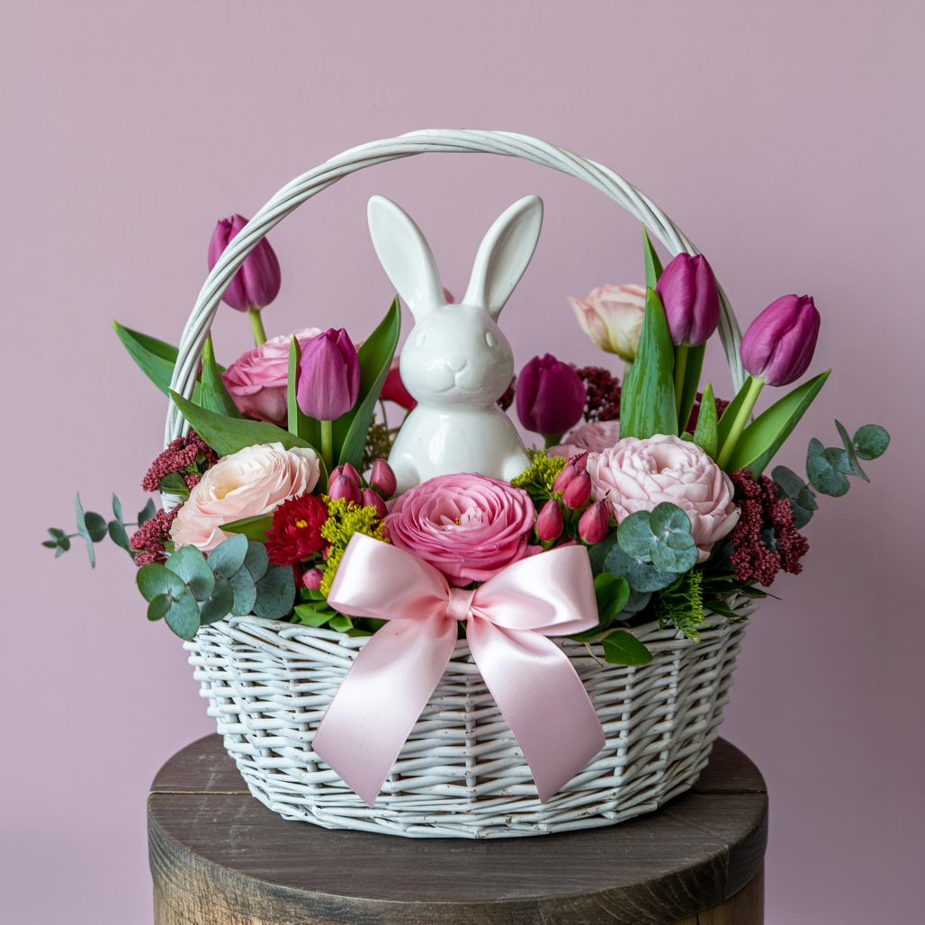 INCANTO PASQUALE – Cesto di Vimini con Fiori Primaverili e Decori Festivi