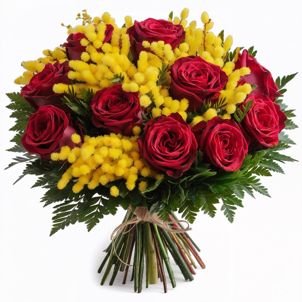 THE MOST IMPORTANT WOMAN - Red Roses with Mimosa (3 to 50 Roses)