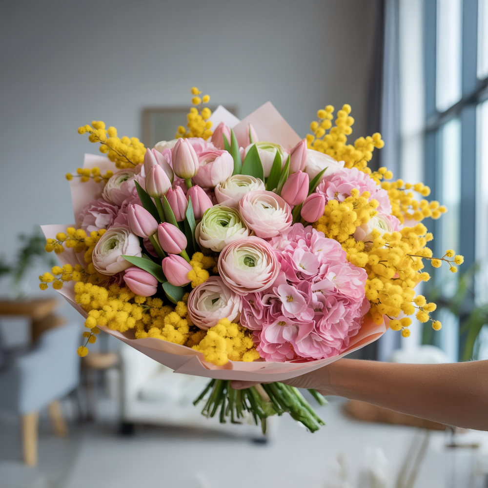 PINK DAWN - Spring-Tone Rose and Mimosa Bouquet