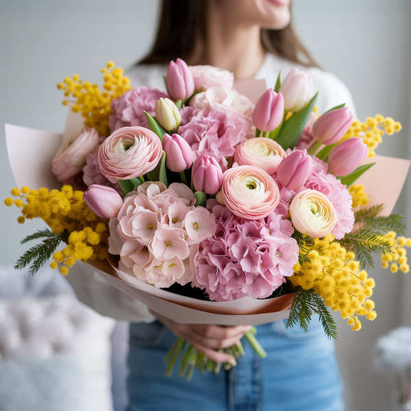 PINK DAWN - Spring-Tone Rose and Mimosa Bouquet