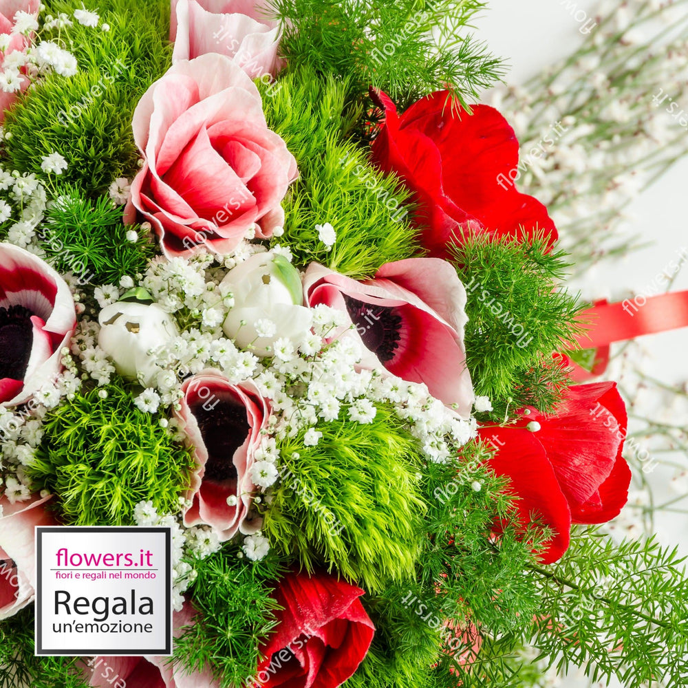 ENERGIA - anemoni o fiori di stagione, green trek, gypsofila - Anemoni o fiori di stagione con verde decorativo. | Flowers Delivery Consegna Fiori a Domicilio