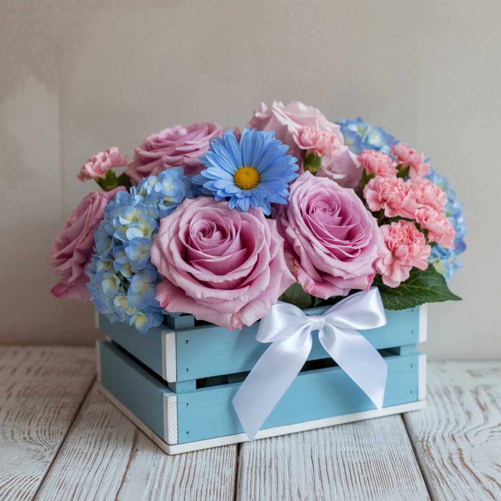Ciotola di Rose Rosa & Fiori Mix | Consegna Fiori a Domicilio per Gender Reveal, Nascita