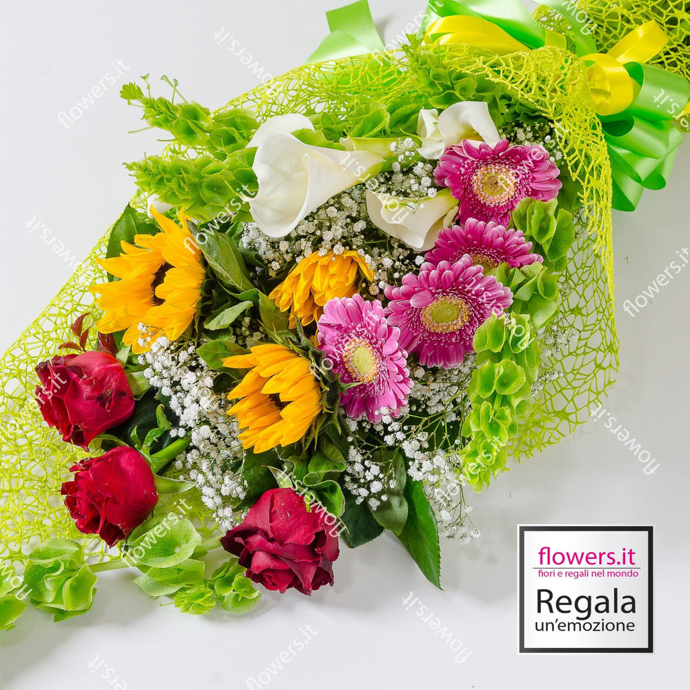 Calle, gerbere, girasoli e rose. | Consegna Fiori a Domicilio per Compleanni, Compleanno, Festa del Papà, Festa della Donna, Festa della Mamma, Laurea, Nascita, Nascite, Pasqua, Primavera