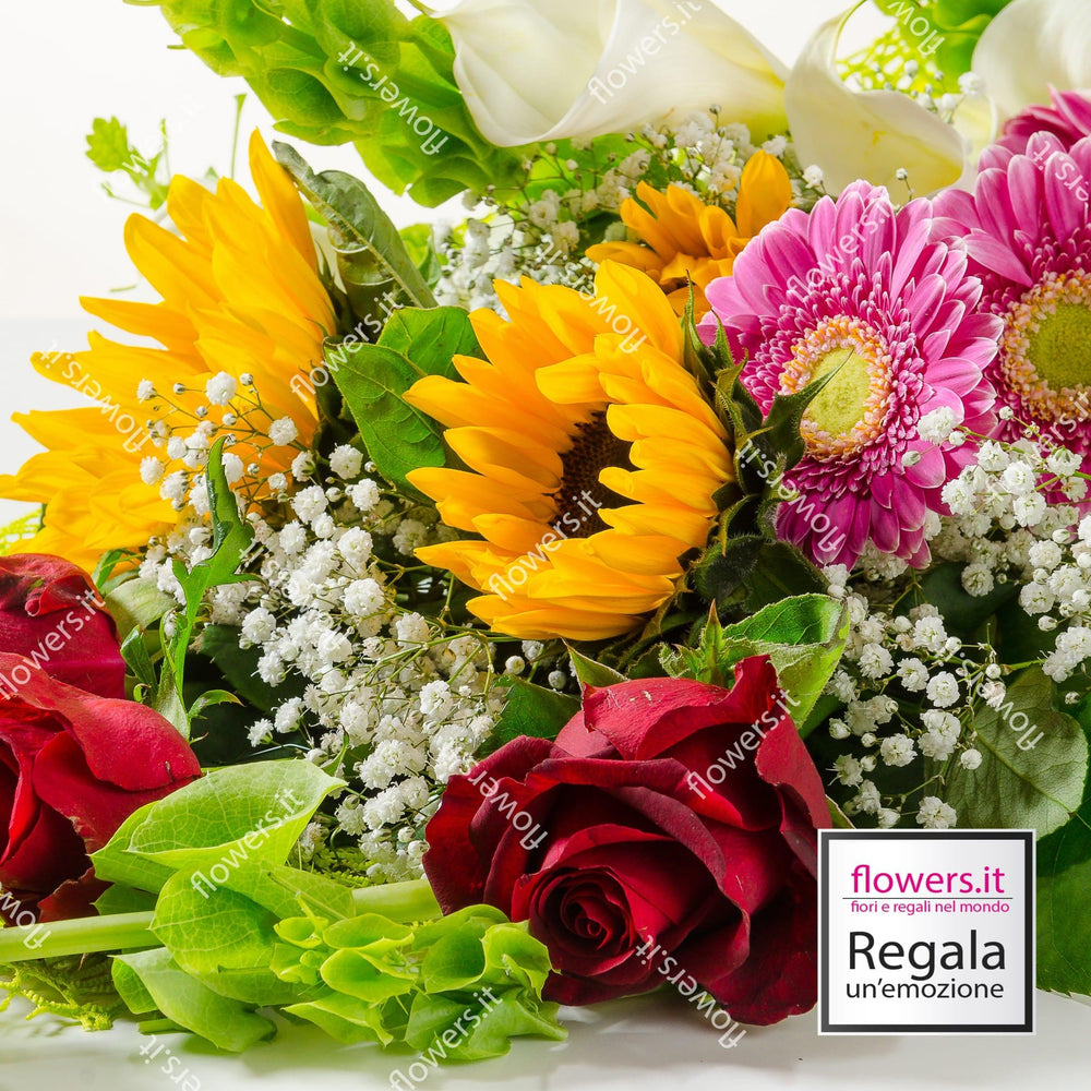 Calle, gerbere, girasoli e rose. | Consegna Fiori a Domicilio per Compleanni, Compleanno, Festa del Papà, Festa della Donna, Festa della Mamma, Laurea, Nascita, Nascite, Pasqua, Primavera