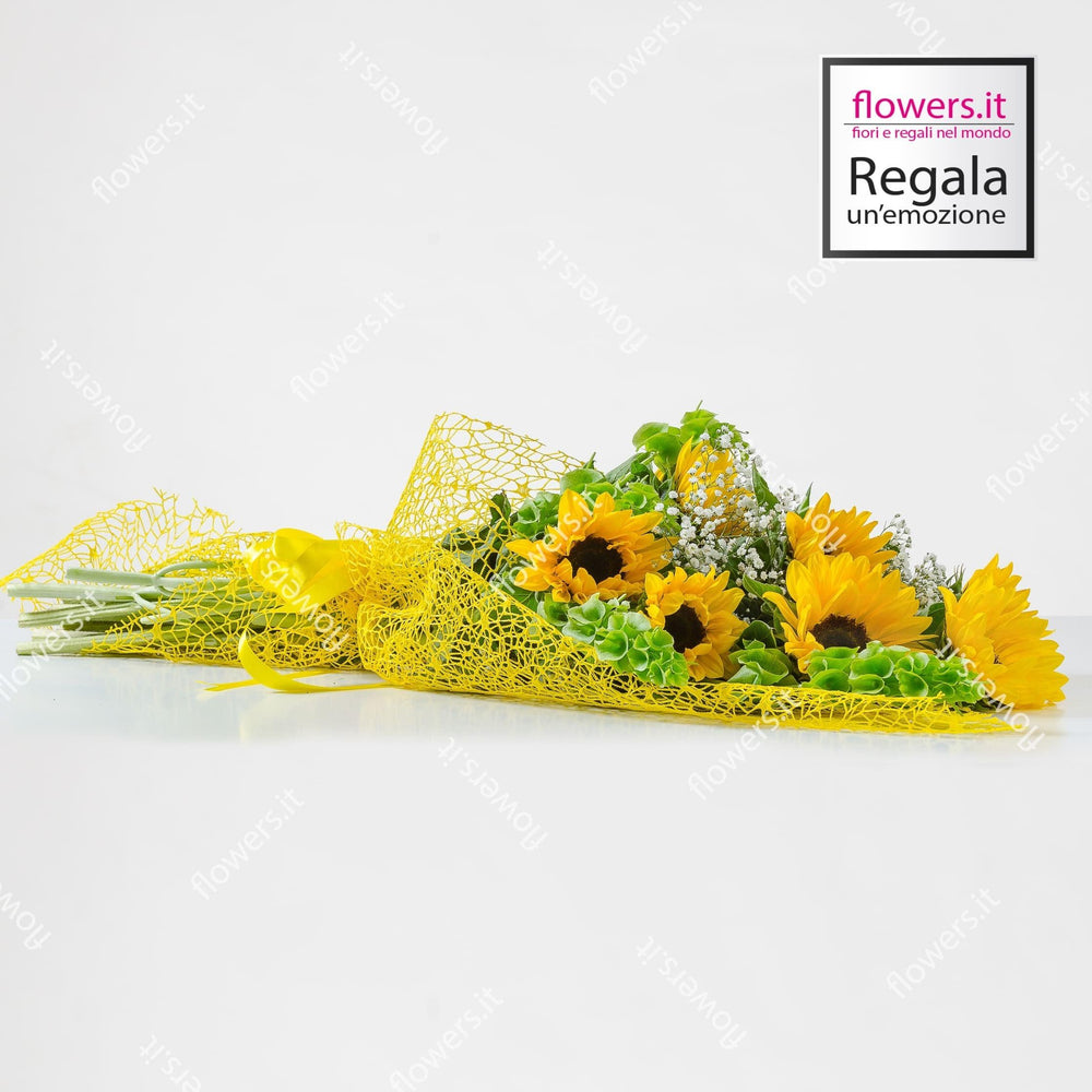POSITIVITA' - Fascio di girasoli - Fascio di girasoli e fresie bianche. | Flowers Delivery Consegna Fiori a Domicilio
