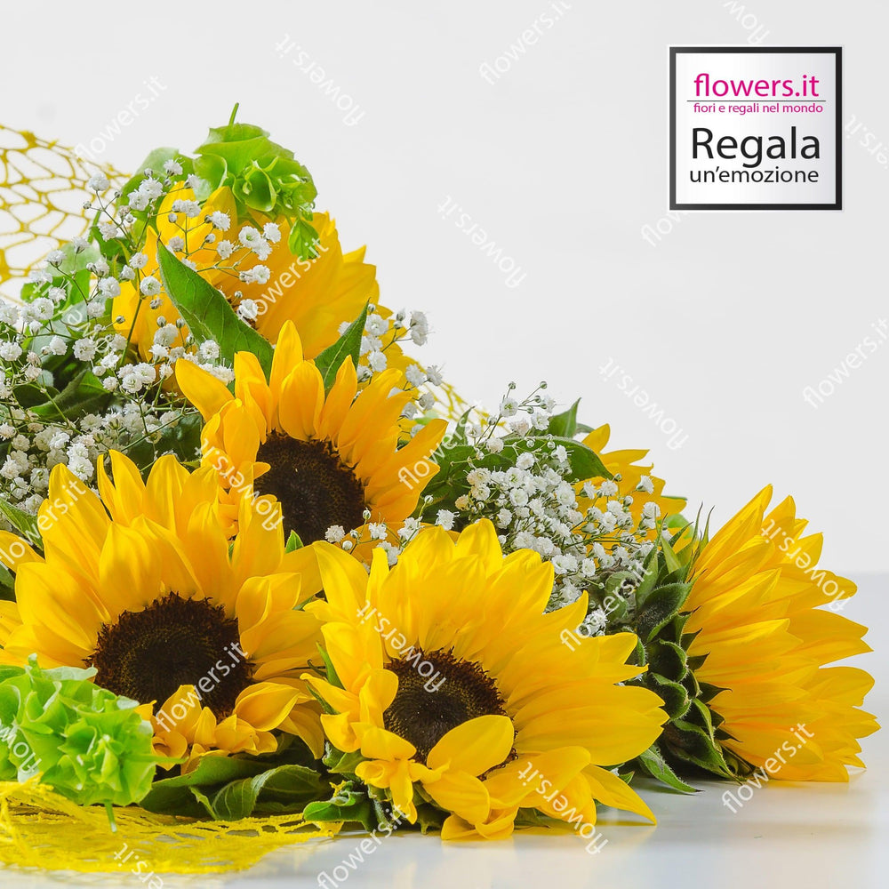 POSITIVITA' - Fascio di girasoli - Fascio di girasoli e fresie bianche. | Flowers Delivery Consegna Fiori a Domicilio
