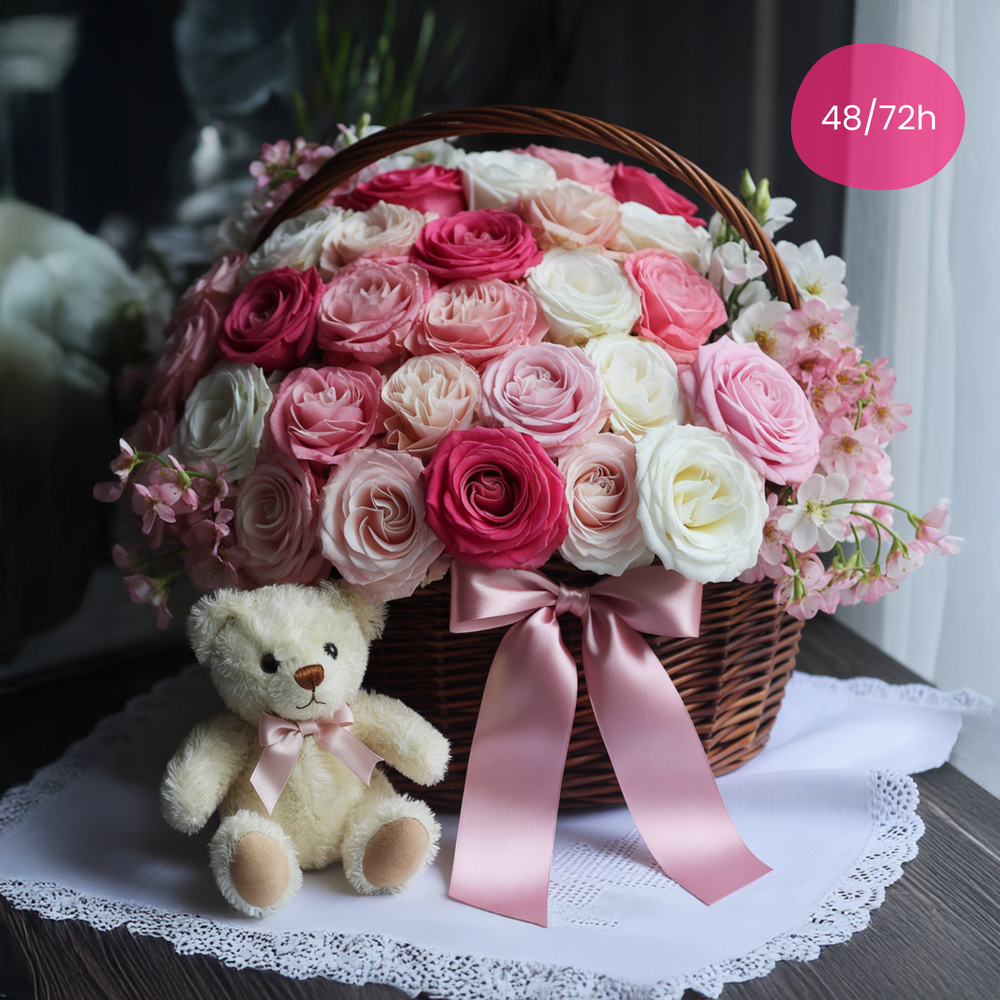 Cesto piccolo Roselline e Orsetto | Consegna Fiori a Domicilio per ANNIVERSARI, Compleanno, Festa della mamma, Laurea, MATRIMONIO, Nascita, Pasqua, RINGRAZIAMENTI, SAN VALENTINO