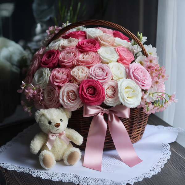 Cesto piccolo Roselline e Orsetto | Consegna Fiori a Domicilio per ANNIVERSARI, Compleanno, Festa della mamma, Laurea, MATRIMONIO, Nascita, Pasqua, RINGRAZIAMENTI, SAN VALENTINO