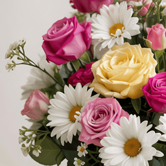 FLOWERY JOY – Elegant Basket with Yellow and Red Roses and Daisies
