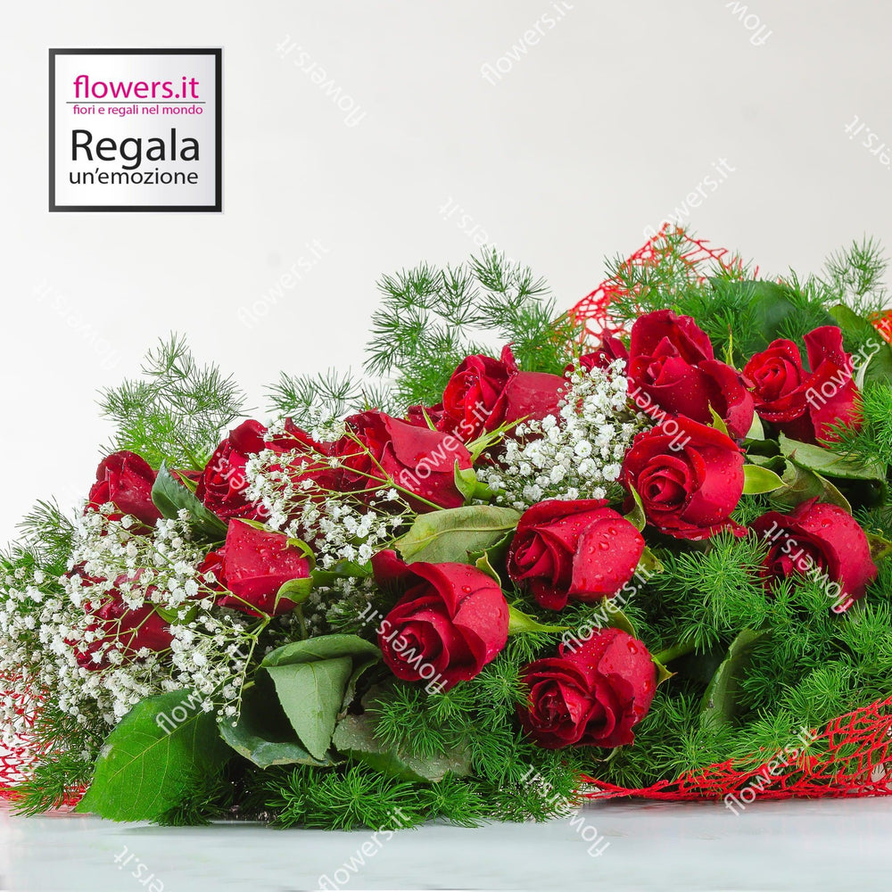 6 rose rosse con verde e Gypsophila. | Consegna Fiori a Domicilio per Best Seller, Compleanni, Compleanno, Festa del Papà, Festa della Donna, Festa della Mamma, int-10, int-30, int-40, Laurea, Natale, SAN VALENTINO, TUTTE LE STAGIONI