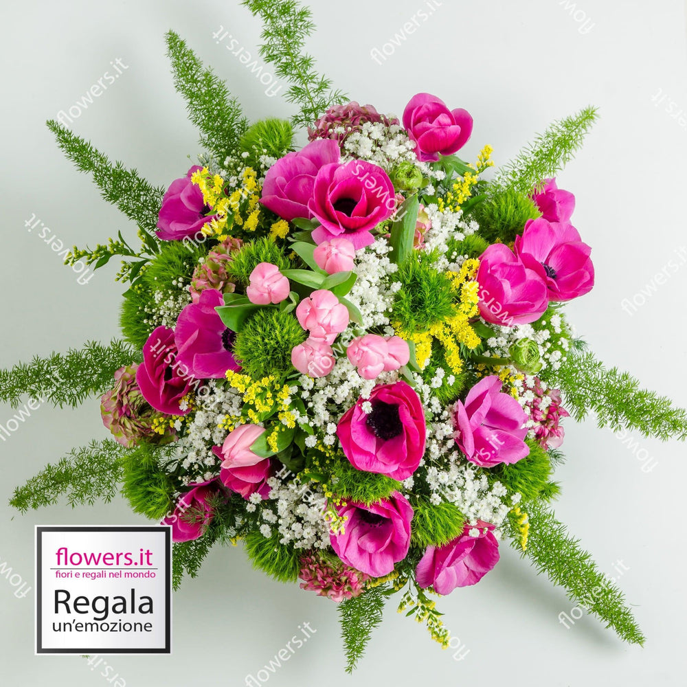 Bouquet vivace con fiori di stagione e verde. | Consegna Fiori a Domicilio per Compleanni, Compleanno, Festa della Donna, Festa della Mamma, Laurea, Nascita, Pasqua, Primavera, PRIMAVERA ESTATE