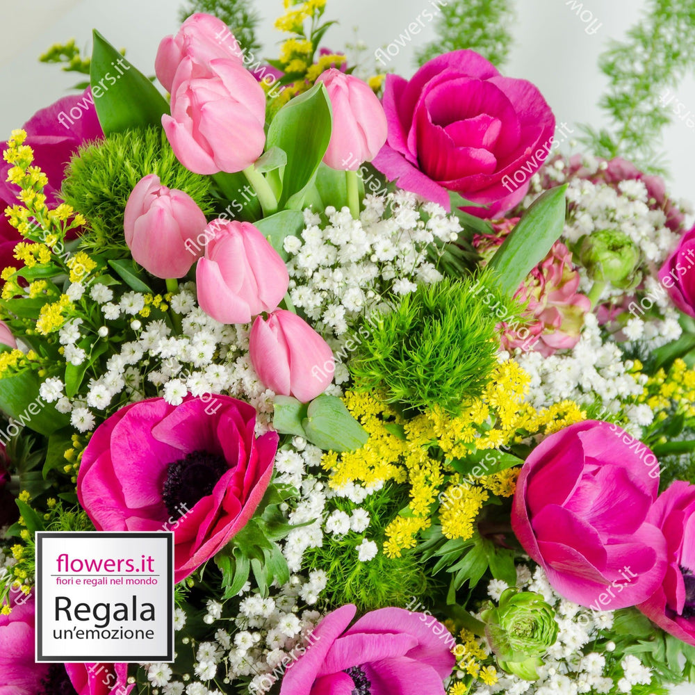 Bouquet vivace con fiori di stagione e verde. | Consegna Fiori a Domicilio per Compleanni, Compleanno, Festa della Donna, Festa della Mamma, Laurea, Nascita, Pasqua, Primavera, PRIMAVERA ESTATE