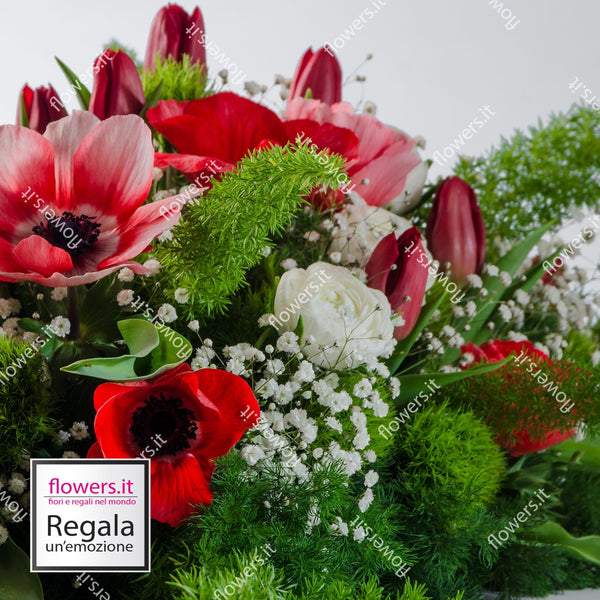 MAGNIFICA SORPRESA - Anemoni, tulipani, ranuncoli, gypsofila, green trek - Anemoni, tulipani, ranuncoli con gypsophila. | Flowers Delivery Consegna Fiori a Domicilio