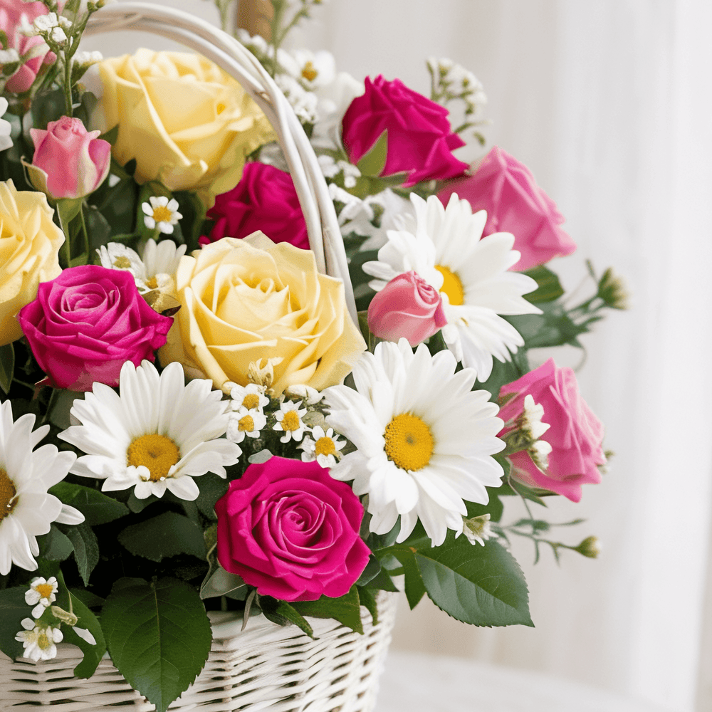 Cesto Elegante piccolo con Rose Gialle, Rosse e Margherite | Consegna Fiori a Domicilio per ANNIVERSARI, ANNIVERSARIO, Compleanni, Compleanno, Festa della Donna, Festa della mamma, Laurea, MATRIMONIO, Nascita, Pasqua, RINGRAZIAMENTI