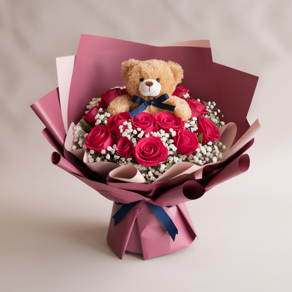 Bouquet piccolo di Rose Rosse con peluche incluso | Consegna Fiori a Domicilio per Festa della Donna, SAN VALENTINO
