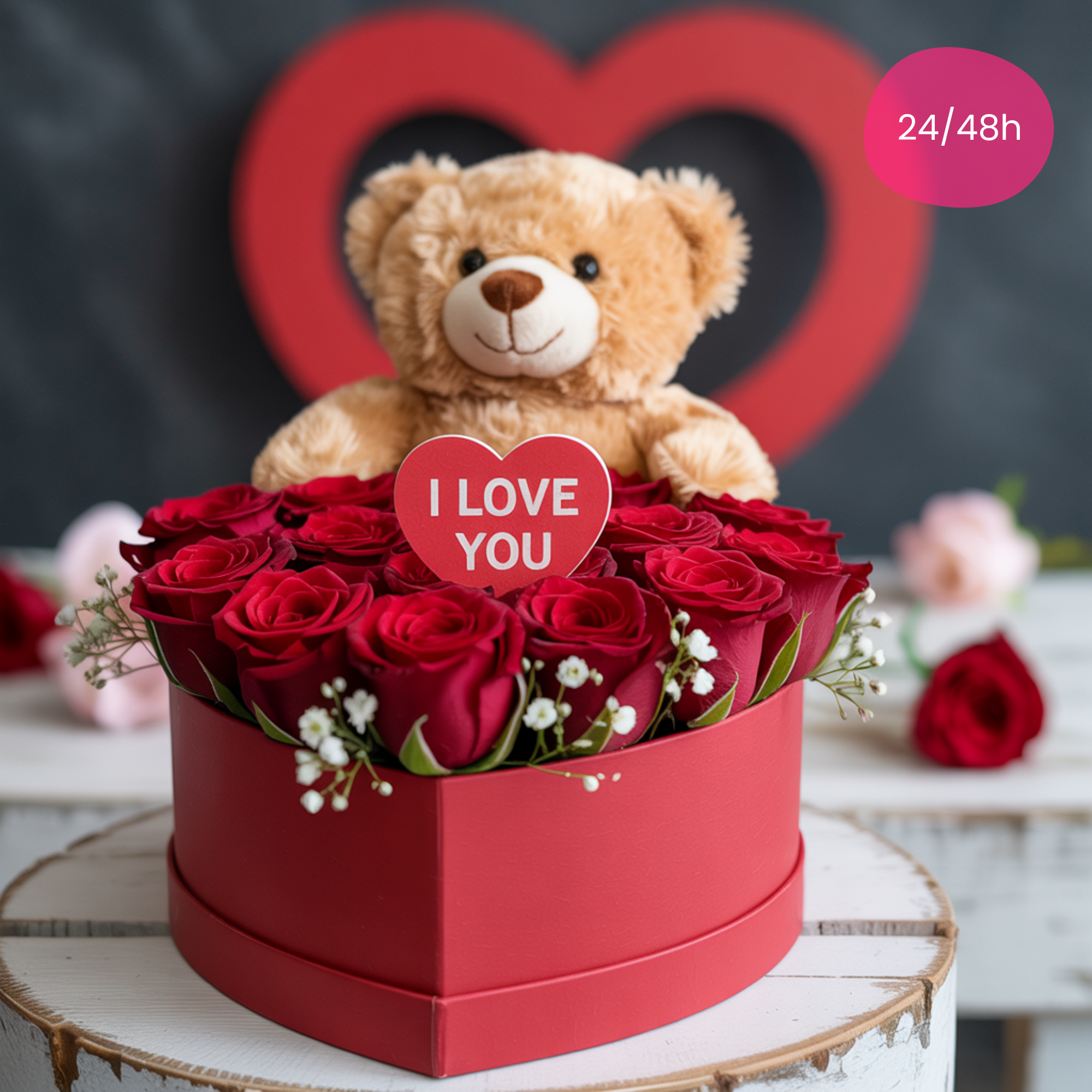 ABBRACCIO ROSSO – Scatola di Rose Rosse con Peluche (Disponibile in 3 Misure)