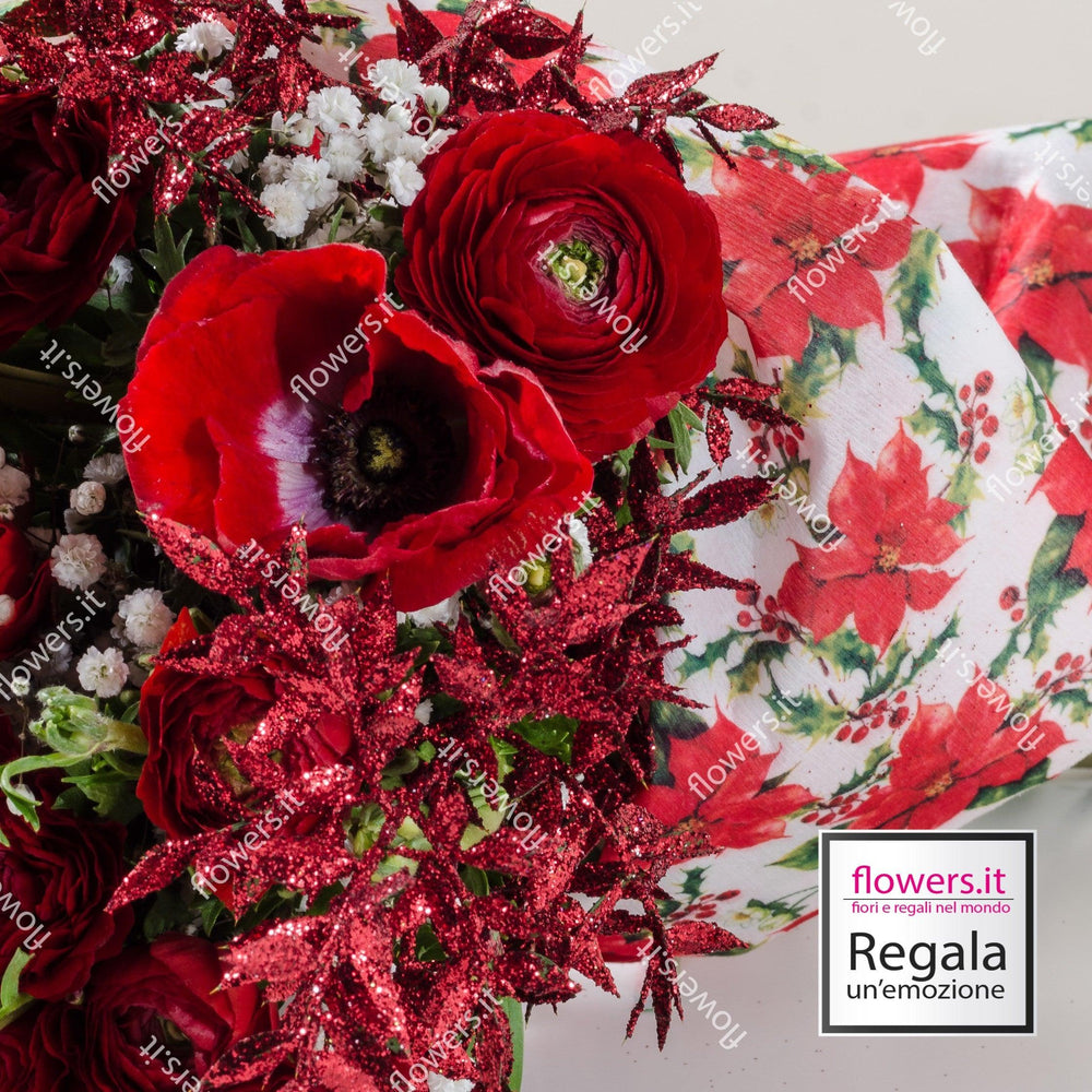 AUGURI PORTASOLDI - Bouquet di Natale - Bouquet natalizio con fiori rossi di stagione. | Flowers Delivery Consegna Fiori a Domicilio