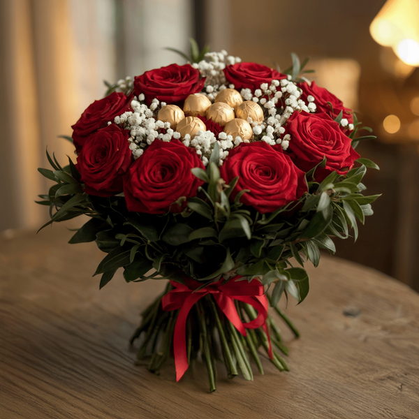 Bouquet piccolo di rosse con cioccolatini. | Consegna Fiori a Domicilio per ANNIVERSARI, Compleanni, Festa del Papà, Festa della Donna, Festa della Mamma, Laurea, SAN VALENTINO