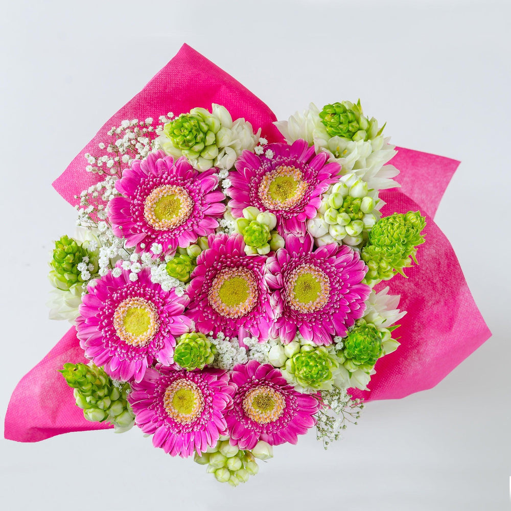 Gerbere con verde decorativo. | Consegna Fiori a Domicilio per Compleanni, Compleanno, Festa della Donna, Festa della Mamma, Laurea, Nascita, Nascite, Pasqua, Primavera, TUTTE LE STAGIONI