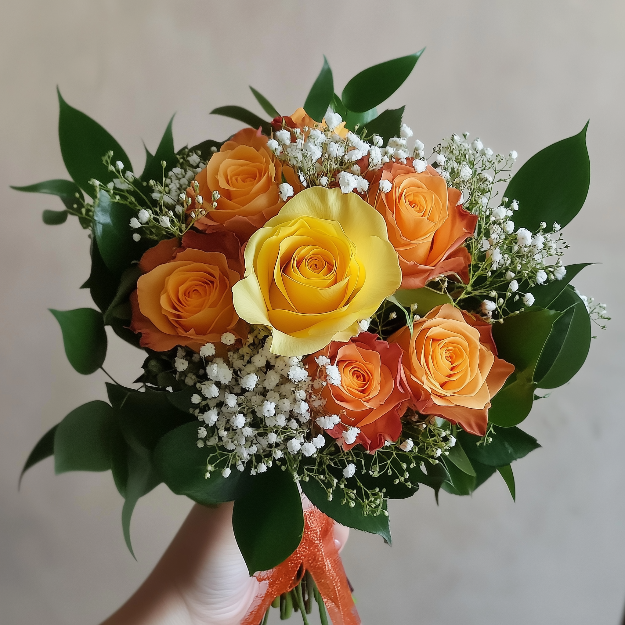 CALORE DEL CUORE – Rose Gialle, Rose Arancio, Verde e Gypsophila