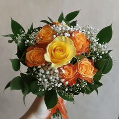 WARMTH OF THE HEART - Yellow and Orange Roses, Greenery and Gypsophila