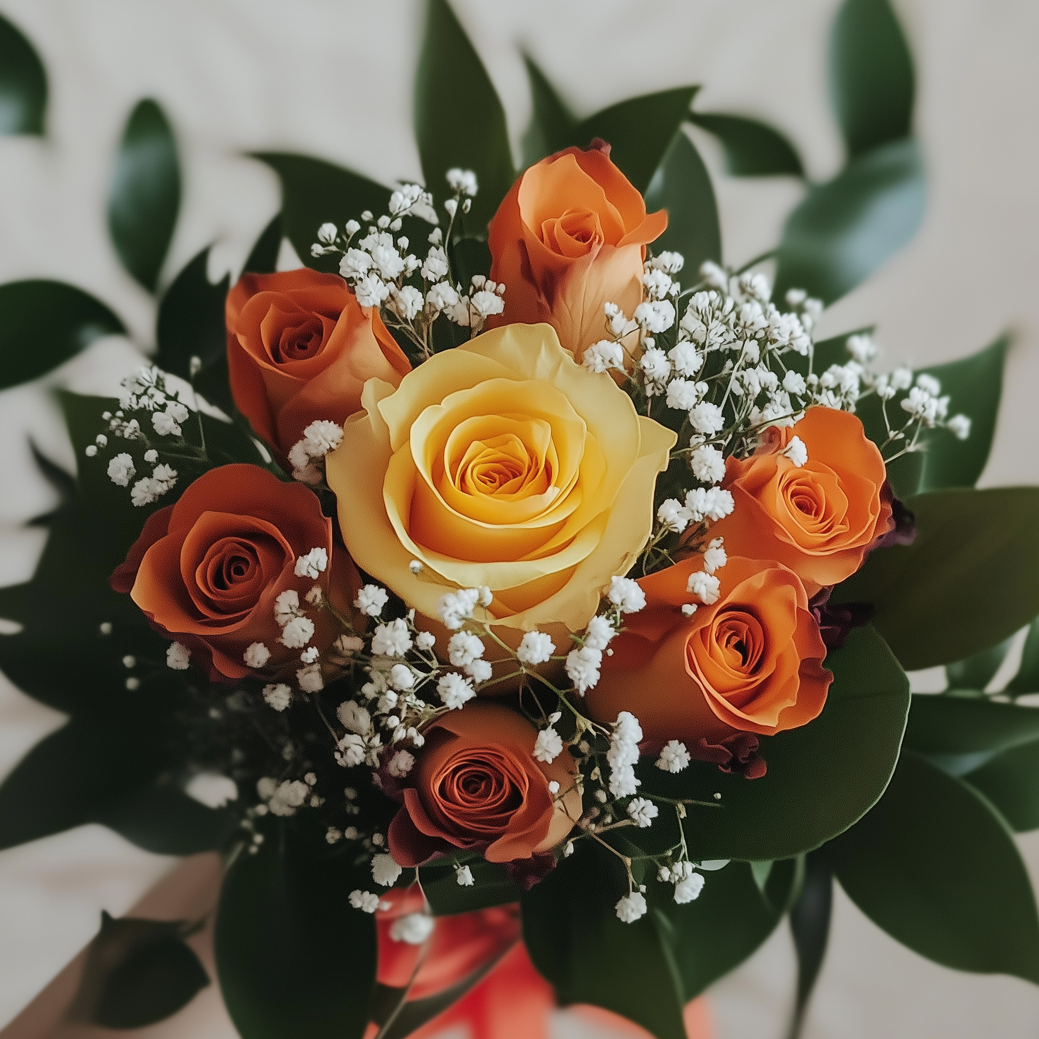 CALORE DEL CUORE – Rose Gialle, Rose Arancio, Verde e Gypsophila