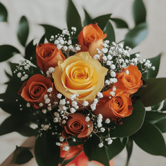 WARMTH OF THE HEART - Yellow and Orange Roses, Greenery and Gypsophila