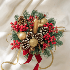 CHRISTMAS MAGIC - Centerpiece with Fir, Berries, Pine Cones, Candle and Red and Gold Decorations