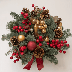 CHRISTMAS MAGIC - Centerpiece with Fir, Berries, Pine Cones, Candle and Red and Gold Decorations