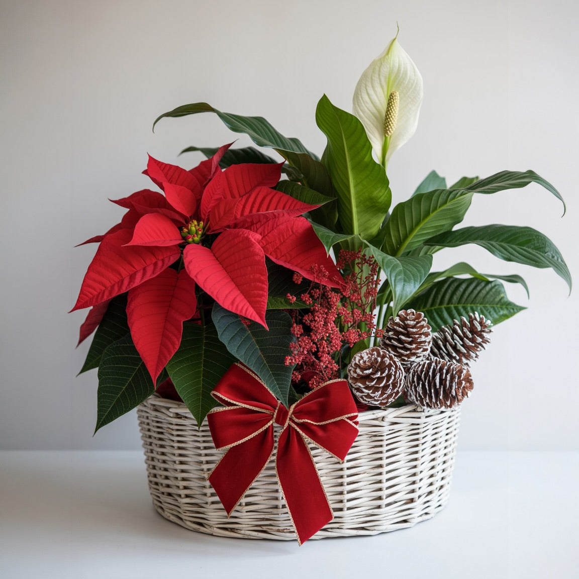 FESTOSA ARMONIA – Cesto di Piante Natalizie con Stella di Natale e Decorazioni