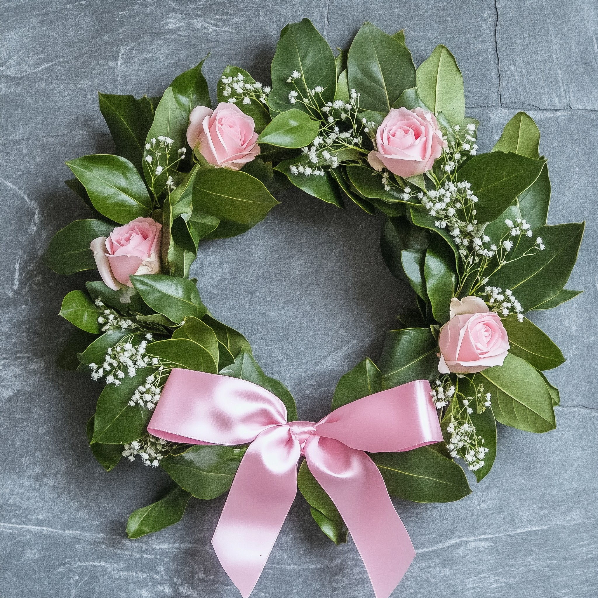 SUCCESSO - Corona d'alloro con rose rosa e gypsophila