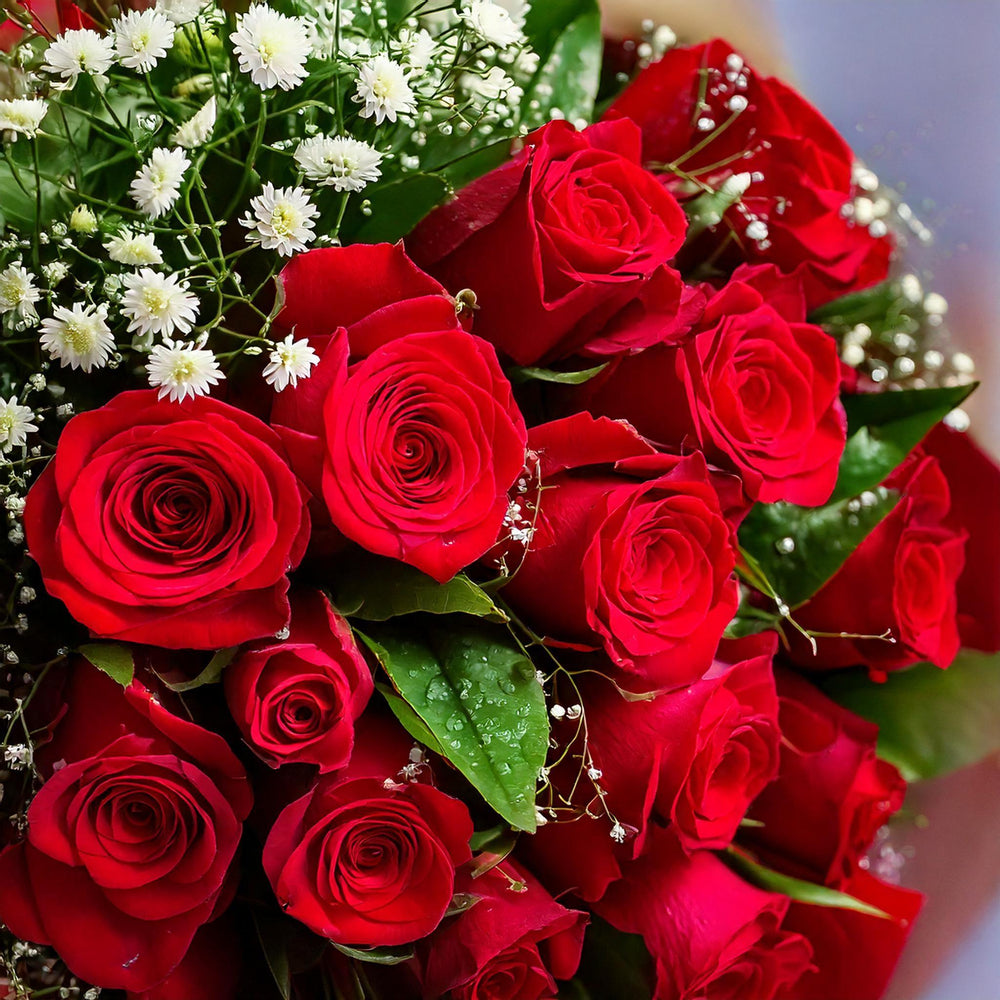 9 roselline rosse con verde e gypsophila. | Consegna Fiori a Domicilio per ANNIVERSARIO, Best Seller, Compleanno, Festa del Papà, Festa della Donna, Festa della Mamma, Laurea, SAN VALENTINO
