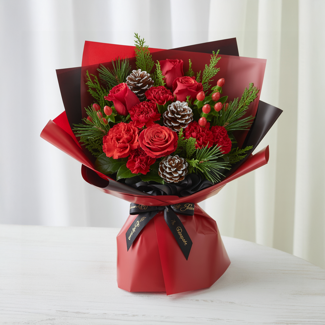 MAGIA NATALIZIA – Bouquet di Rose Rosse e Decorazioni Festive