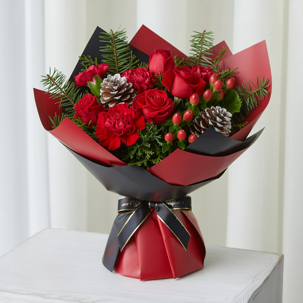 MAGIA NATALIZIA – Bouquet di Rose Rosse e Decorazioni Festive