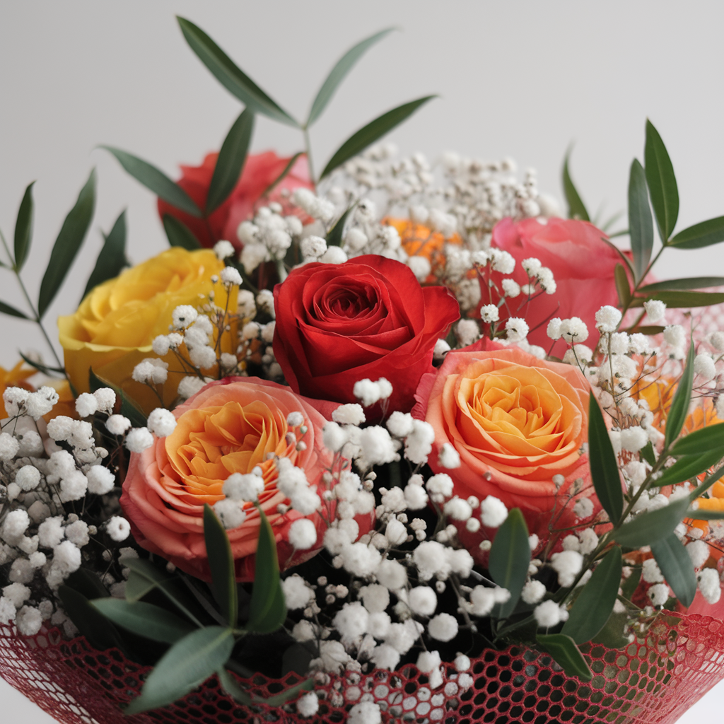 FIAMME DI GIOIA - Rose Rosse, Gialle, Arancio, Verde e Gypsophila