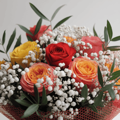 FLAMES OF JOY - Red, Yellow and Orange Roses, Greenery and Gypsophila